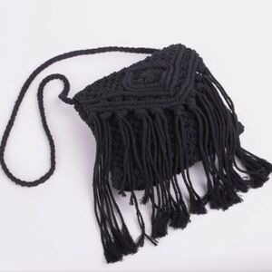 MACRAME SMALL BLACK PURSE WITH FLAP AND FRINGE